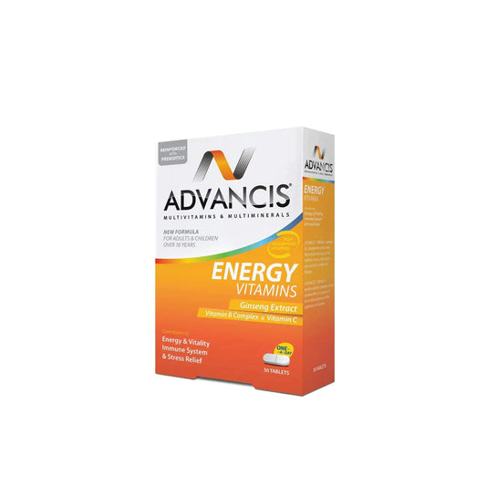 A box of Advancis Energy Vitamins, containing 30 tablets, with packaging that includes product information and branding.