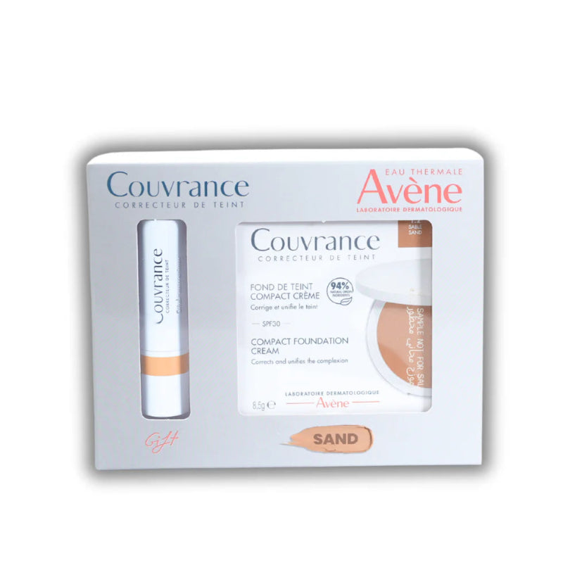 Avene Couvrance cosmetic set with foundation stick and cream on a white background