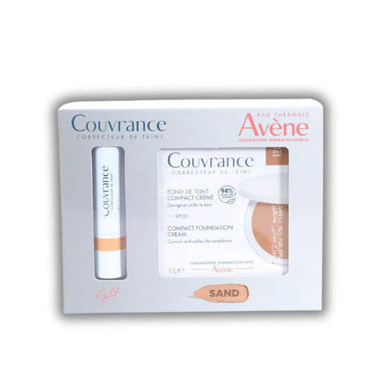 Avene Couvrance cosmetic set with foundation stick and cream on a white background