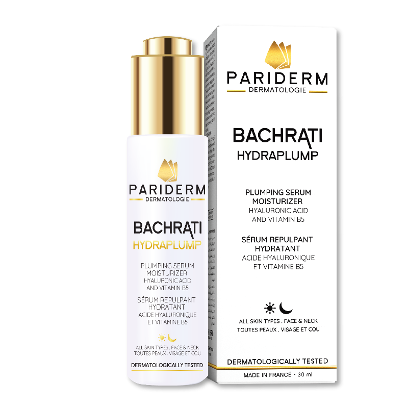 A product image featuring Bachrati Hydraplump 30ml, a facial care serum in a white and gold bottle with a white label, and its packaging box.