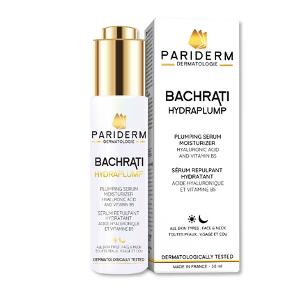 A product image featuring Bachrati Hydraplump 30ml, a facial care serum in a white and gold bottle with a white label, and its packaging box.