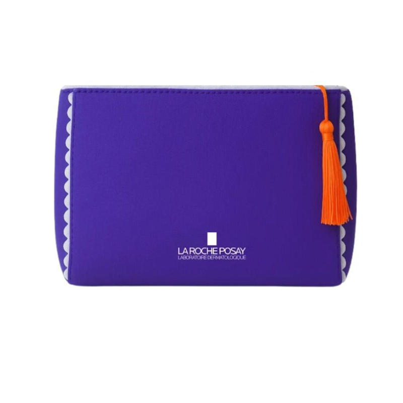 Purple pouch with orange tassel and La Roche-Posay logo on a white background