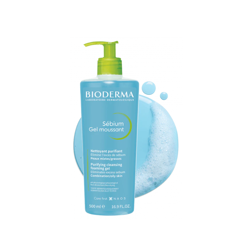 Bioderma Sébium Gel Moussant 500ml with pump – purifying foaming gel cleanser for oily and combination skin.