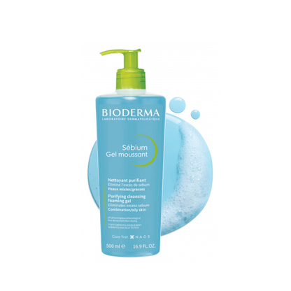 Bioderma Sébium Gel Moussant 500ml with pump – purifying foaming gel cleanser for oily and combination skin.