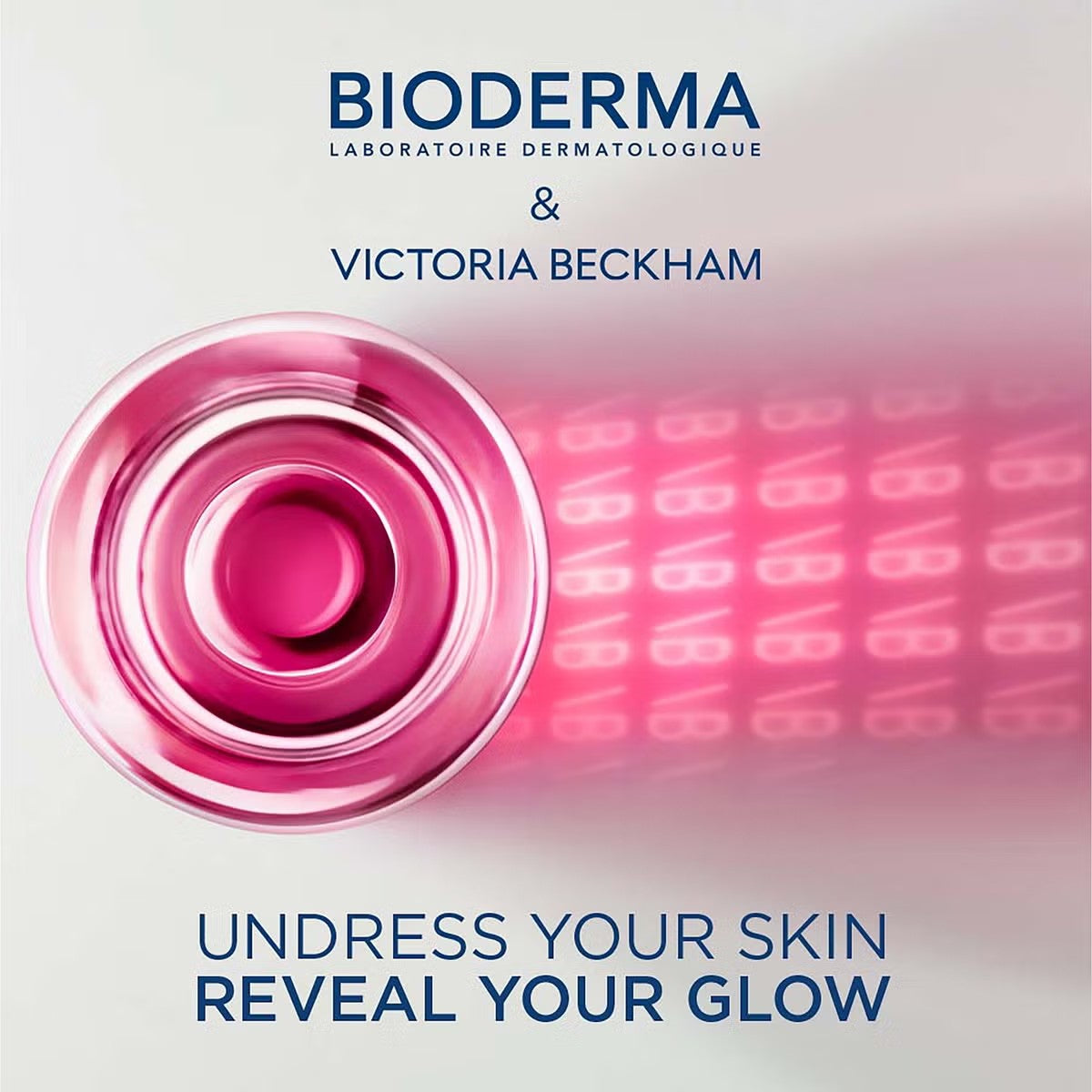 Top view of Bioderma Sensibio H2O Victoria Beckham Edition with tagline "Reveal Your Glow"