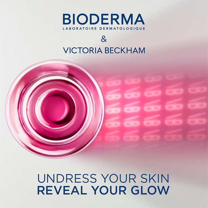 Top view of Bioderma Sensibio H2O Victoria Beckham Edition with tagline "Reveal Your Glow"