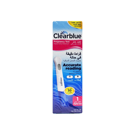 Packaging of Clearblue pregnancy test with a digital display, indicating 30+1 test, accurate reading, and one minute result.