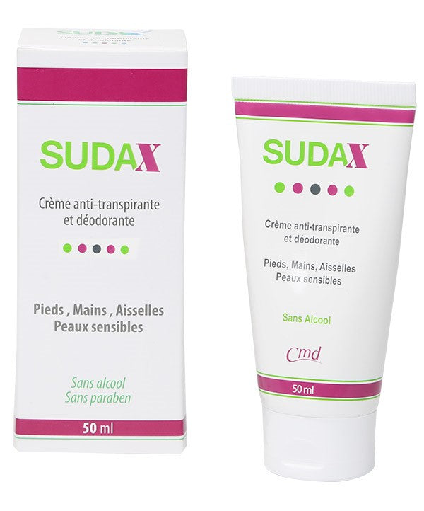Packaging of CMD Sudax Crème Anti-Transpirant, showing the tube and box with product information in French.