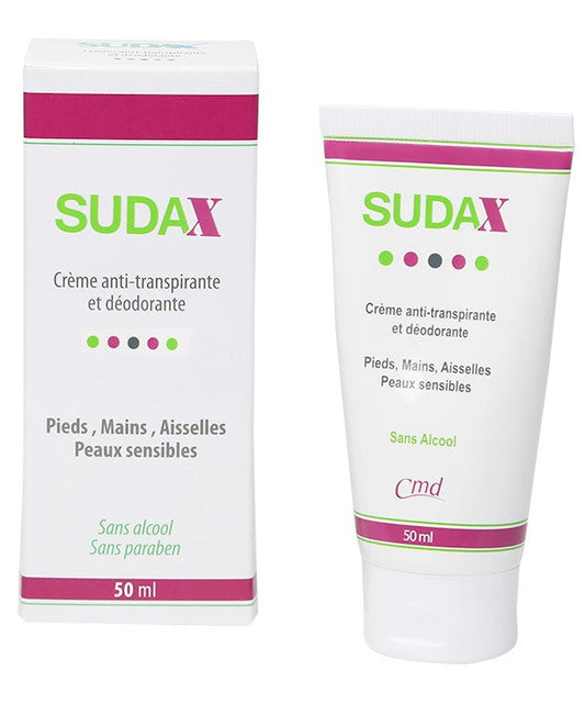 Packaging of CMD Sudax Crème Anti-Transpirant, showing the tube and box with product information in French.