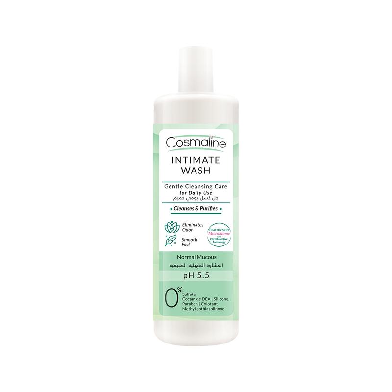 A bottle of Cosmaline Intimate Wash Ph 5.5 with white and green label, indicating it is a gentle cleansing care product for the intimate area with a ph of 5.