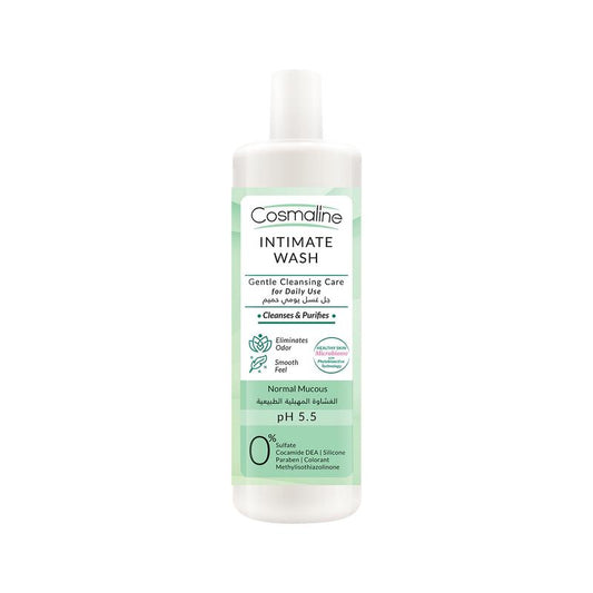 A bottle of Cosmaline Intimate Wash Ph 5.5 with white and green label, indicating it is a gentle cleansing care product for the intimate area with a ph of 5.