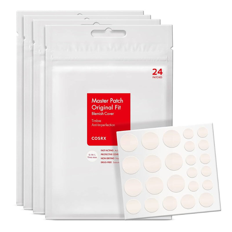 COSRX Master Patch Original Fit blemish cover packaging with a sample of patches on a white background