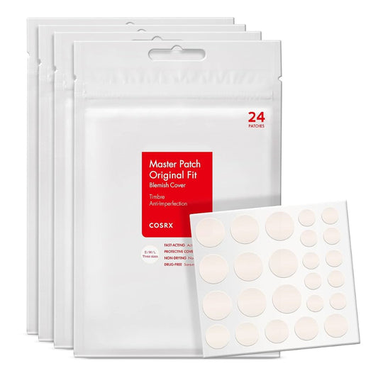 COSRX Master Patch Original Fit blemish cover packaging with a sample of patches on a white background