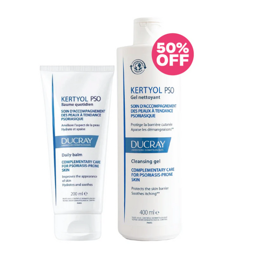 Ducray Kertyol PSO Baume 200ml next to Ducray Kertyol PSO Cleansing Gel 400ml with a 50% Off