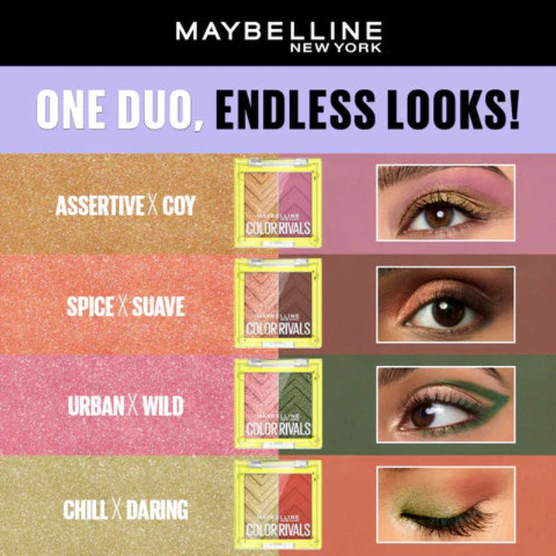 Maybelline New York eyeshadow palette advertisement with color swatches and eye makeup examples.