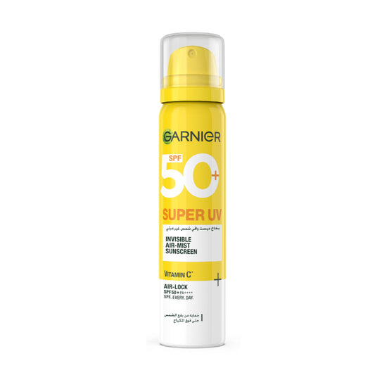 Garnier Super UV Invisible Air-Mist Sunscreen spray bottle on a white background