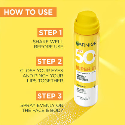 Garnier Super UV sunscreen spray with usage instructions on a yellow background