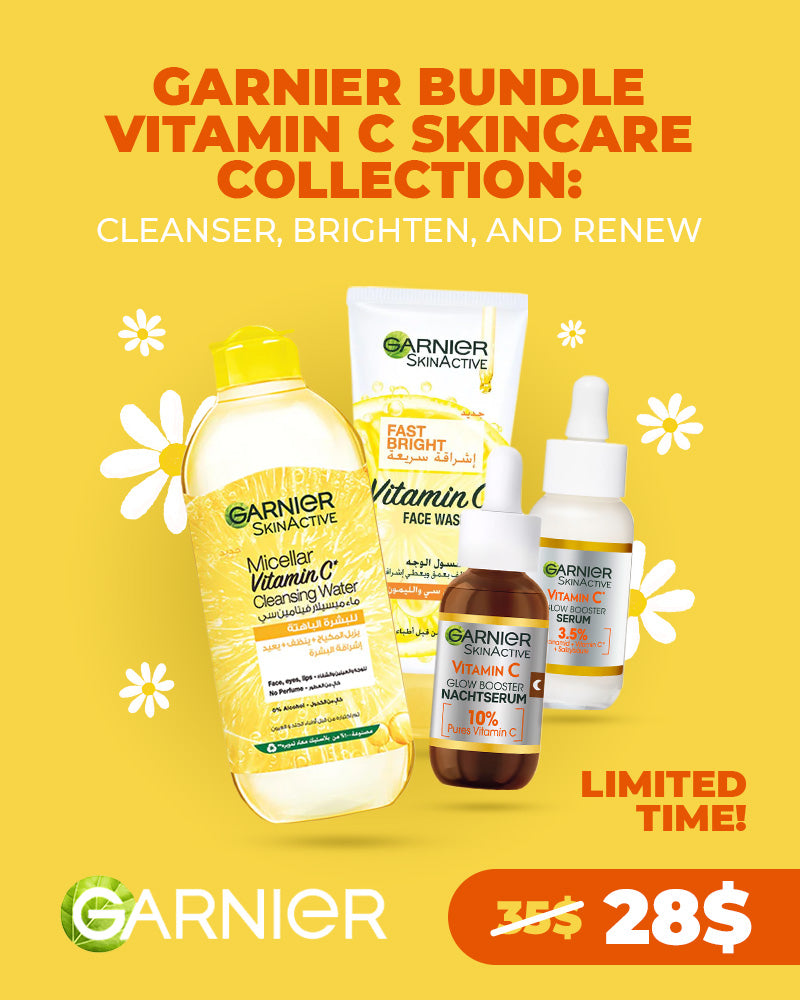 Garnier Vitamin C skincare bundle with micellar water, face wash, and serums on sale for $28, limited time offer.
