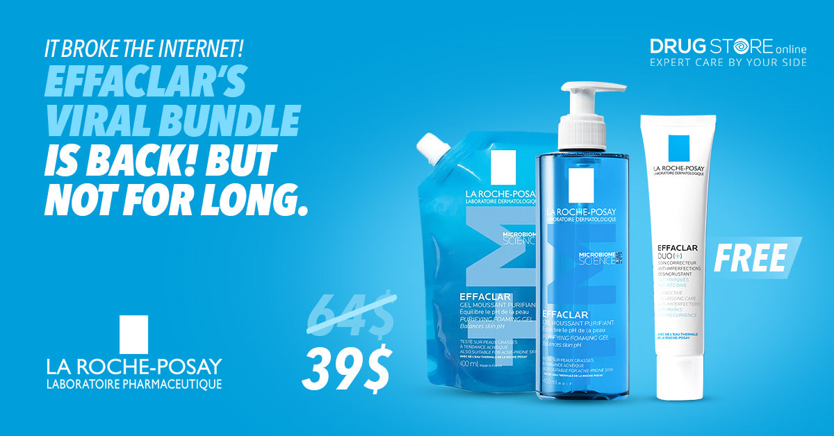 La Roche-Posay Effaclar viral bundle with purifying foaming gel 400ml, refill 400ml, and free Effaclar Duo(+) — limited-time offer for 39 USD.