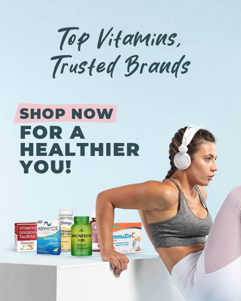 Woman working out with headphones next to a display of top vitamin supplements from trusted brands, promoting a healthier lifestyle.