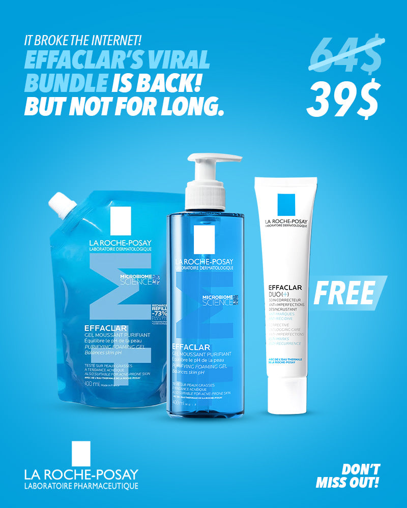 La Roche-Posay Effaclar viral bundle with purifying foaming gel 400ml, refill 400ml, and free Effaclar Duo(+) — limited-time offer for 39 USD.
