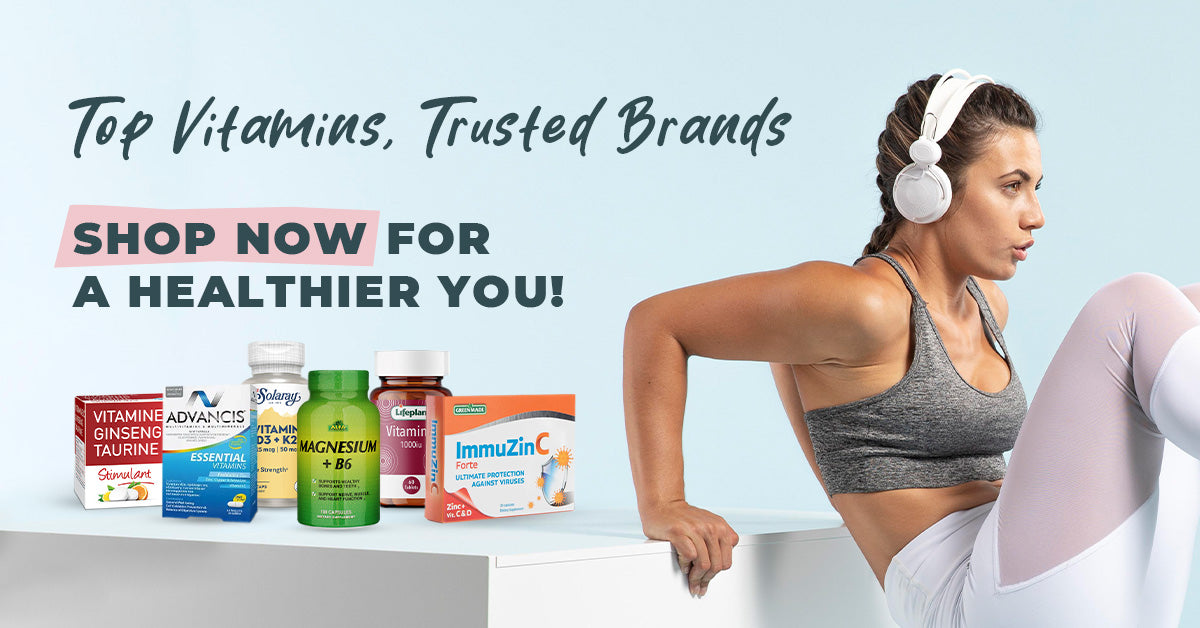 Woman working out with headphones next to a display of top vitamin supplements from trusted brands, promoting a healthier lifestyle.