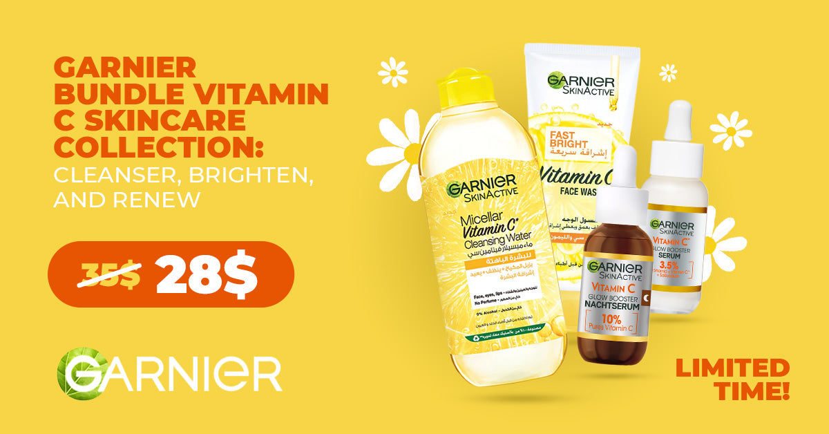 Garnier Vitamin C skincare bundle with micellar water, face wash, and serums on sale for $28, limited time offer.