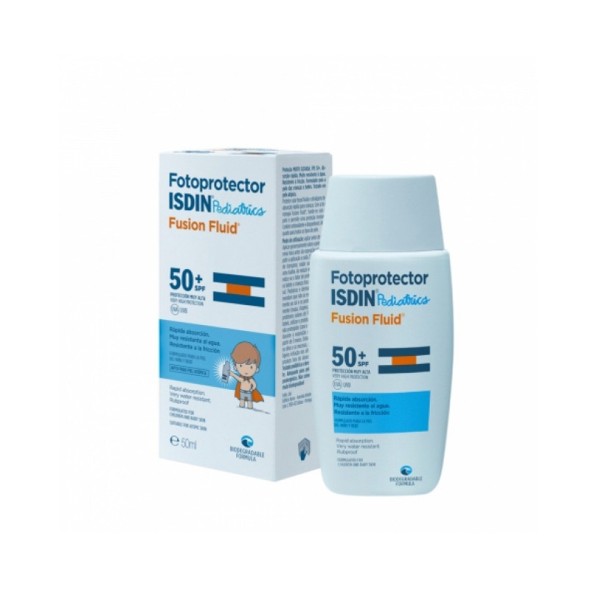 ISDIN Fotoprotector Pediatrics Fusion Water SPF50+ bottle for kids with blue and white packaging