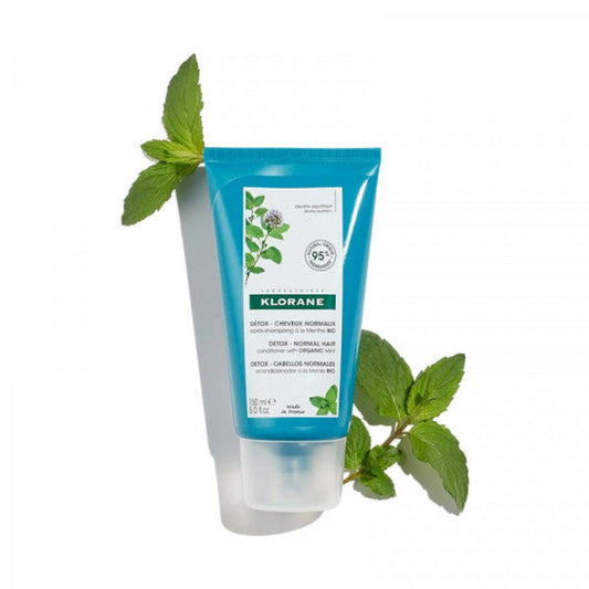 Klorane Detox Conditioner with Organic Aquatic Mint (150 ml), showing front branding and botanical design elements.