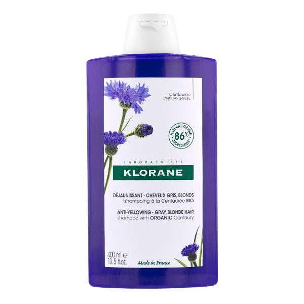 Flacon de 200 ml de Klorane Shampoing Déjaunissant à la Centaurée BIO pour reflets froids