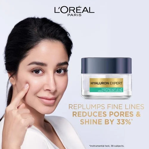 L'Oréal Hyaluron Expert 8H Shine Control Replumping Gel-Cream – lightweight gel moisturizer with hyaluronic acid and salicylic acid for hydrated, mattified skin.
