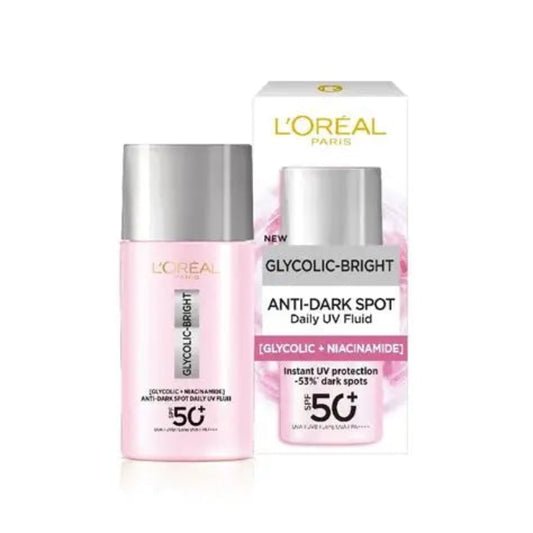 L’Oréal Paris Glycolic-Bright Anti-Dark Spot Daily UV Fluid SPF 50+ – lightweight sunscreen with glycolic acid and niacinamide for dark spot correction
