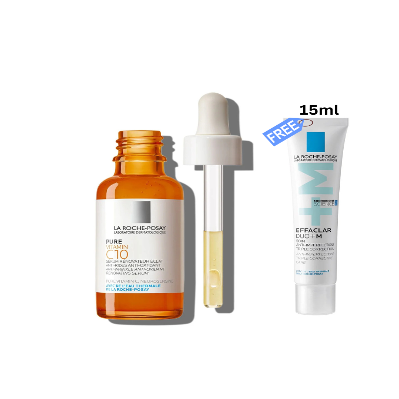 La Roche-Posay skincare products including a serum, dropper, and cream on a white background