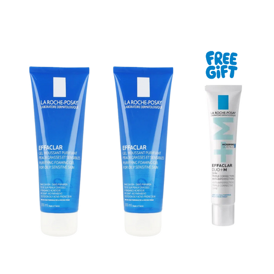 Three La Roche-Posay Effaclar products on a white background with a free gift offer.