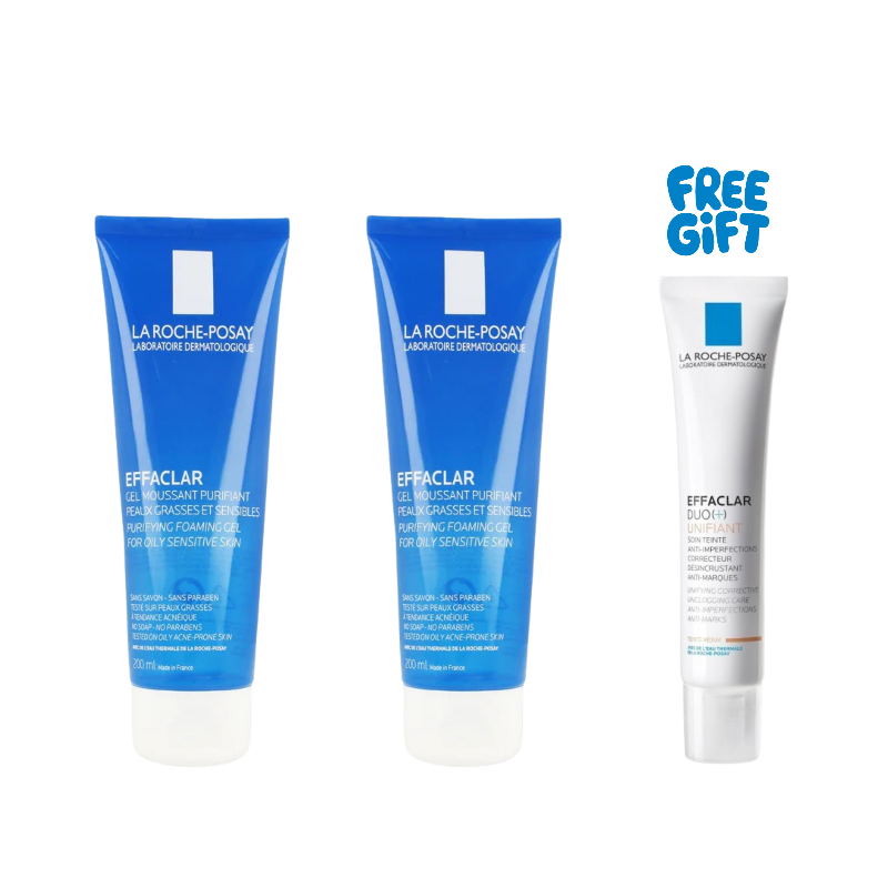 Three La Roche-Posay Effaclar products on a white background with a free gift offer.