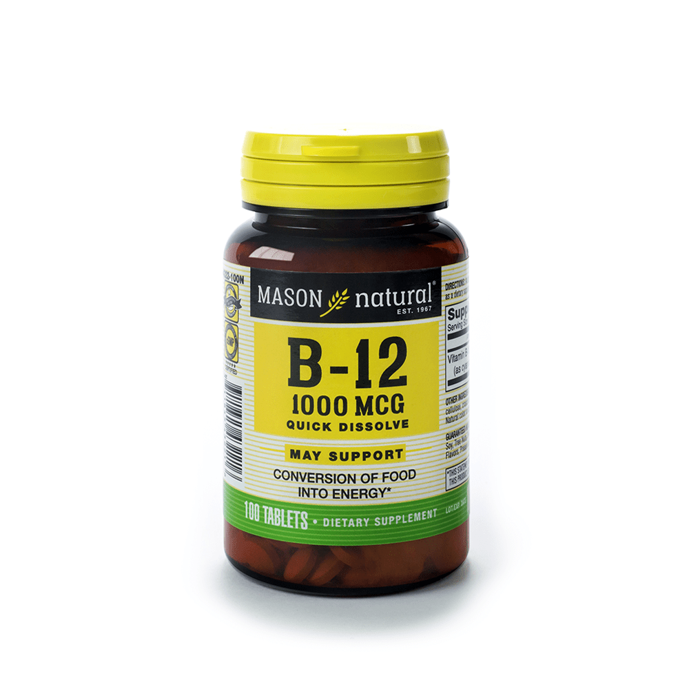 Vitamin B-12 supplement bottle with yellow cap and label on a white background