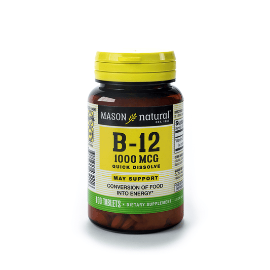 Vitamin B-12 supplement bottle with yellow cap and label on a white background