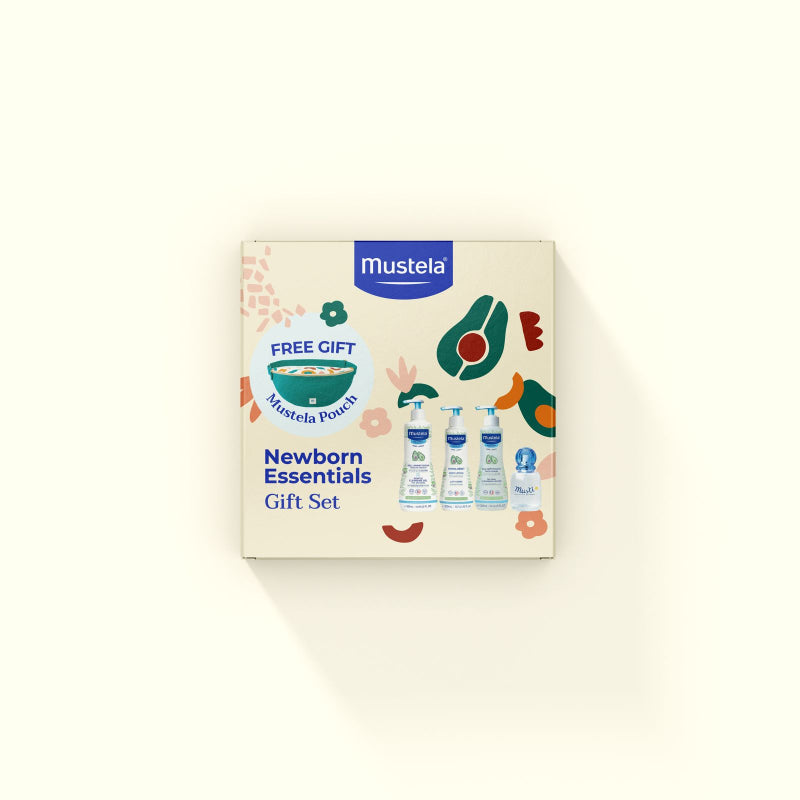 Mustela newborn essentials gift set packaging on a white background