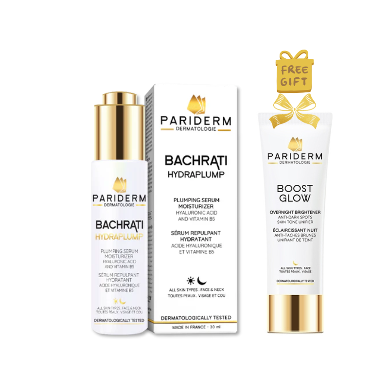 Pariderm skincare products including a serum and cream with packaging on a white background.