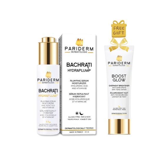 Pariderm skincare products including a serum and cream with packaging on a white background.