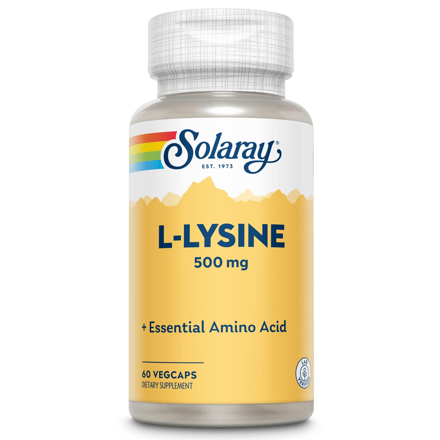 A bottle of Solaray L-Lysine 500 mg essential amino acid supplements with 60 vegcaps.