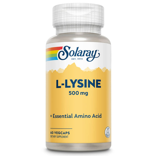 A bottle of Solaray L-Lysine 500 mg essential amino acid supplements with 60 vegcaps.