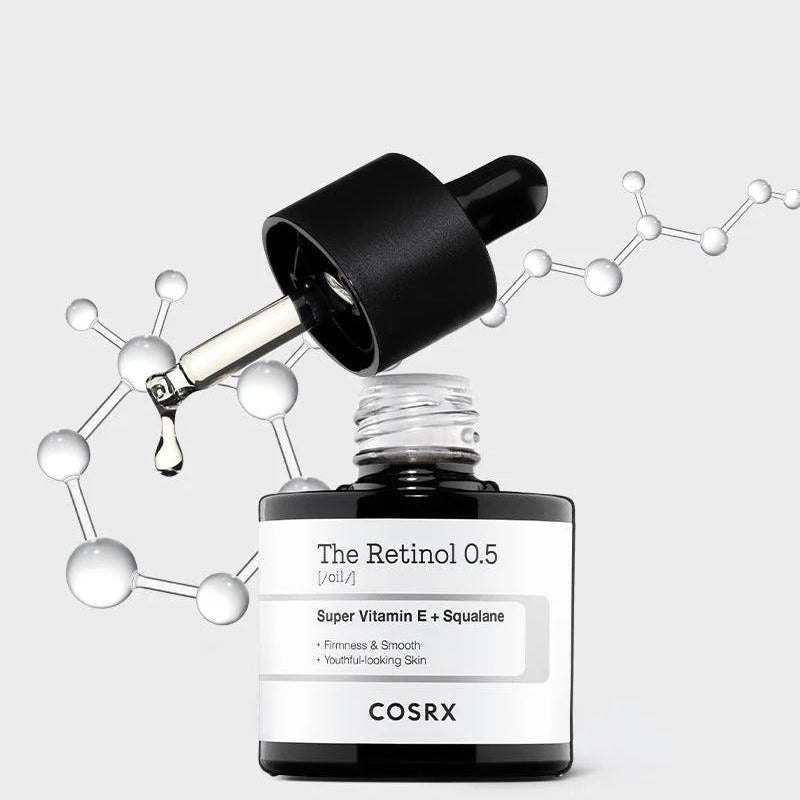 Cosrx Retinol 0.5 skincare serum bottle with dropper on a light gray background
