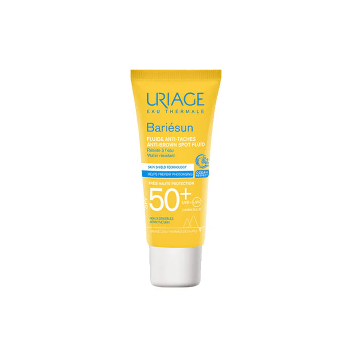 Uriage Bariésun Anti-Brown Spot Fluid SPF50+ sunscreen tube for sensitive skin and dark spot prevention
