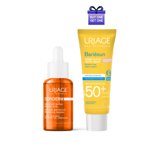 Uriage Depiderm Anti-Dark Spot Serum and Bariésun Tinted Cream SPF50+ Fair Shade – brightening serum and high-protection tinted sunscreen for even, radiant skin