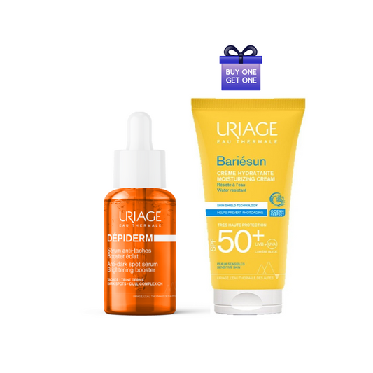 Two Uriage skincare products on a white background with a 'Buy One Get One' offer.