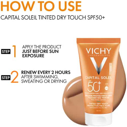 VICHY Capital Soleil Dry Touch Face Fluid BB Tinted SPF50+ – fluide solaire teinté haute protection SPF50+ à finition dry touch pour un teint unifié et mat