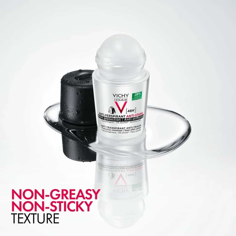 Vichy Homme Anti Stains Roll‑On – clear underarm protection for men, stain‑preventing formula, alcohol‑free, 50 ml