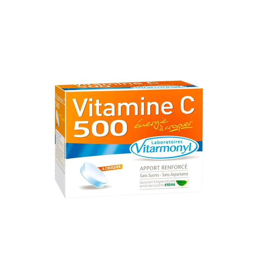 Box of Vitarmonyl Vitamin C 500 chewable tablets with orange flavor.
